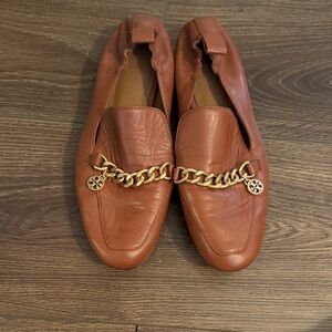 Tory Burch Brown Leather Loafers with Gold Chain